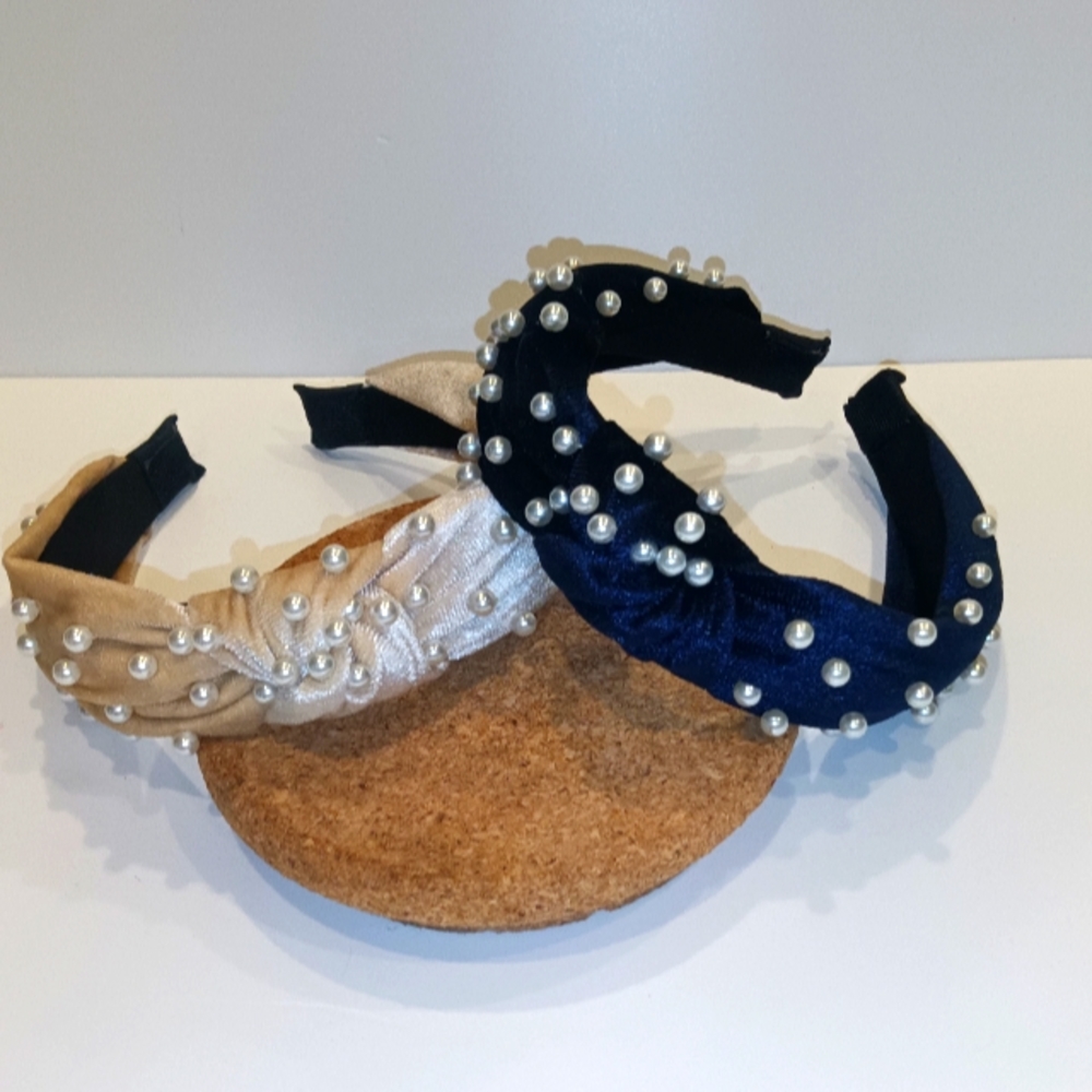 Velvet Faux Pearl Headbands Blue & Beige